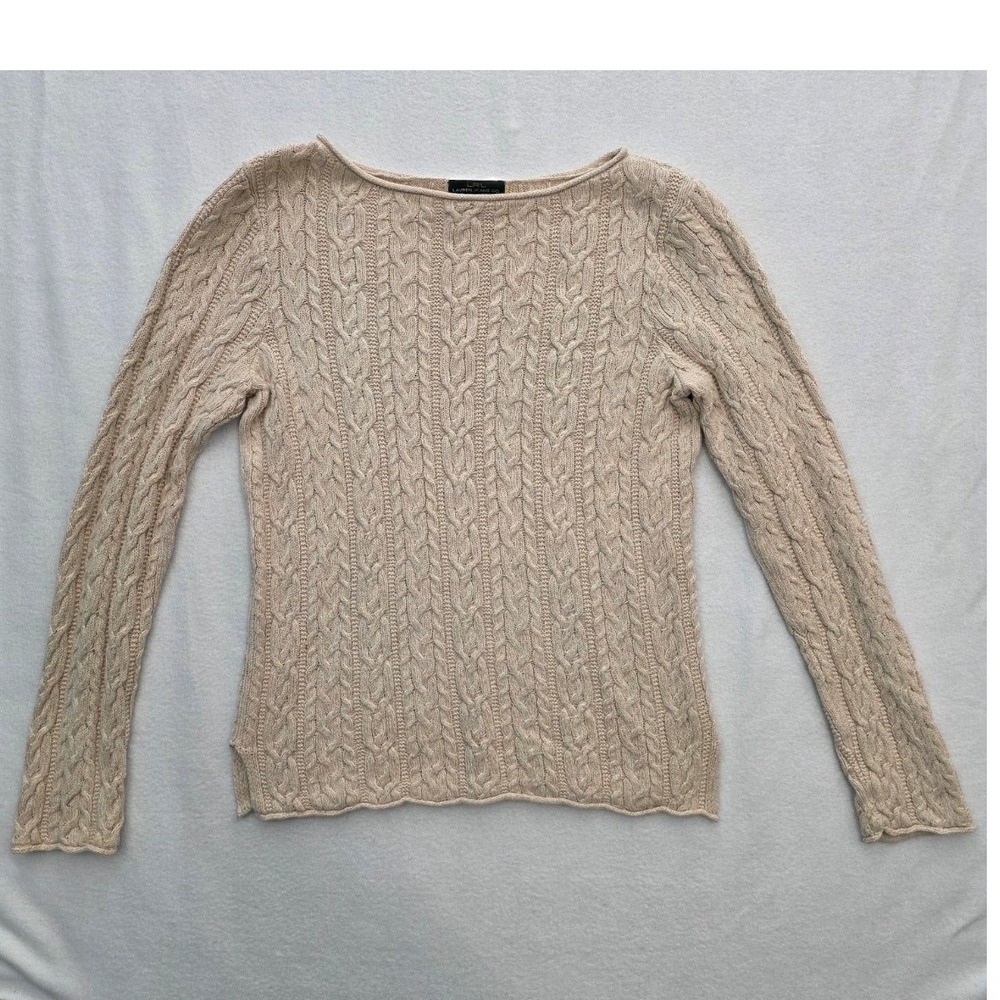 Lauren Ralph Lauren Cable Knit Sweater Large Beige Cotton Boat Neck Classic LRL